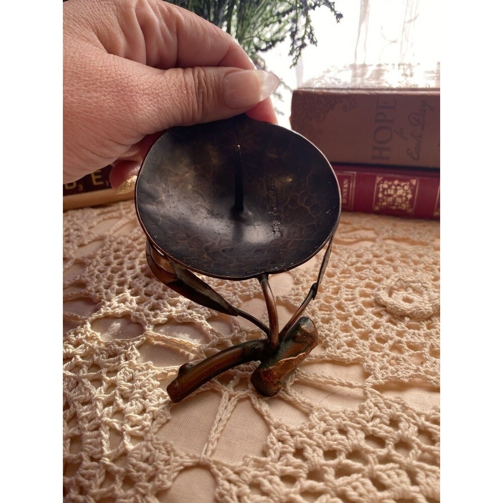 Vintage Aged Copper Leaf Candle Holder With Handle Nature Style Hammered Copper